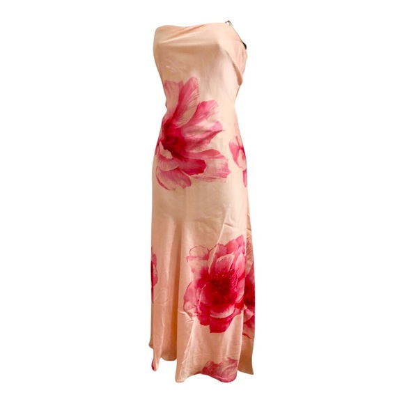 Trixxi peach pink flowers multi strapless satin effect maxi dress size large new - Picture 16 of 17
